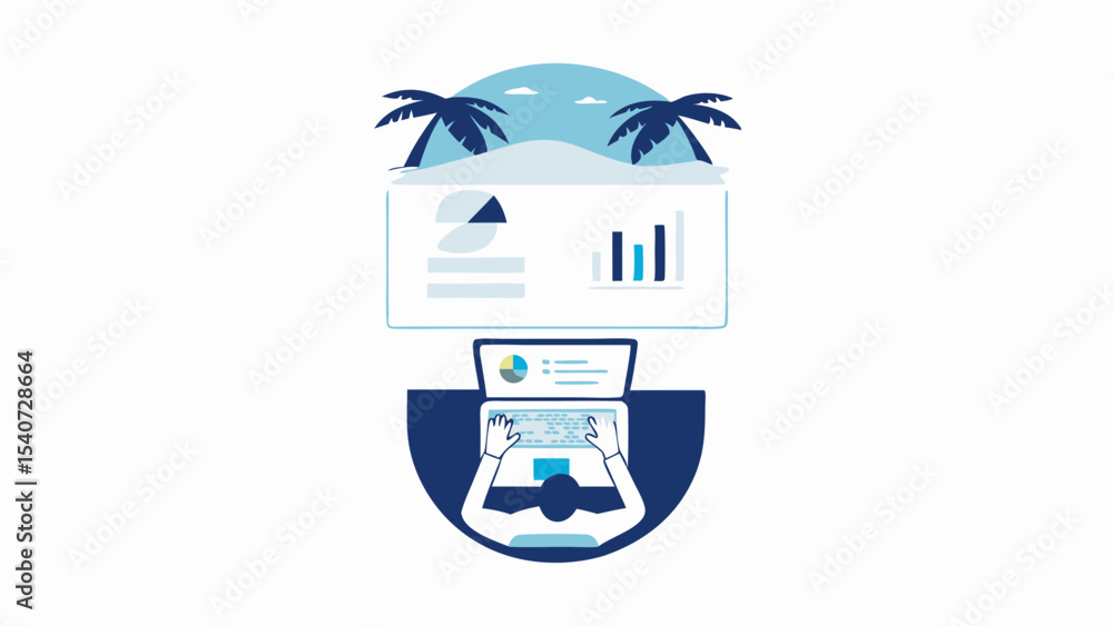Poster person working on laptop with beach and data charts in background for remote work or vacation concep
