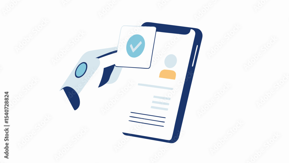 Poster illustration of a robotic arm interacting with a smartphone displaying a profile and a checkmark ico