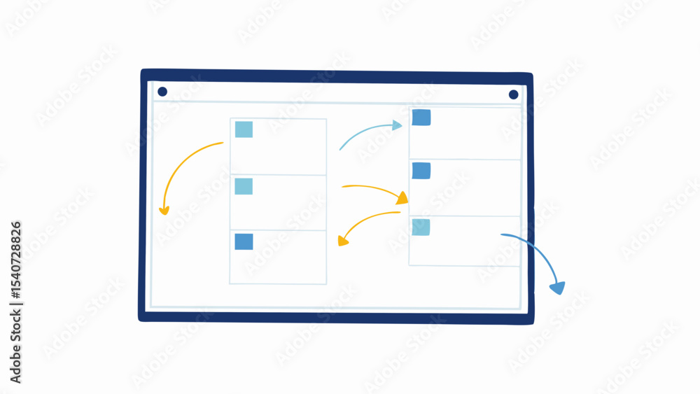 Poster illustration of a kanban board with square post it notes and curved arrows indicating workflow proce