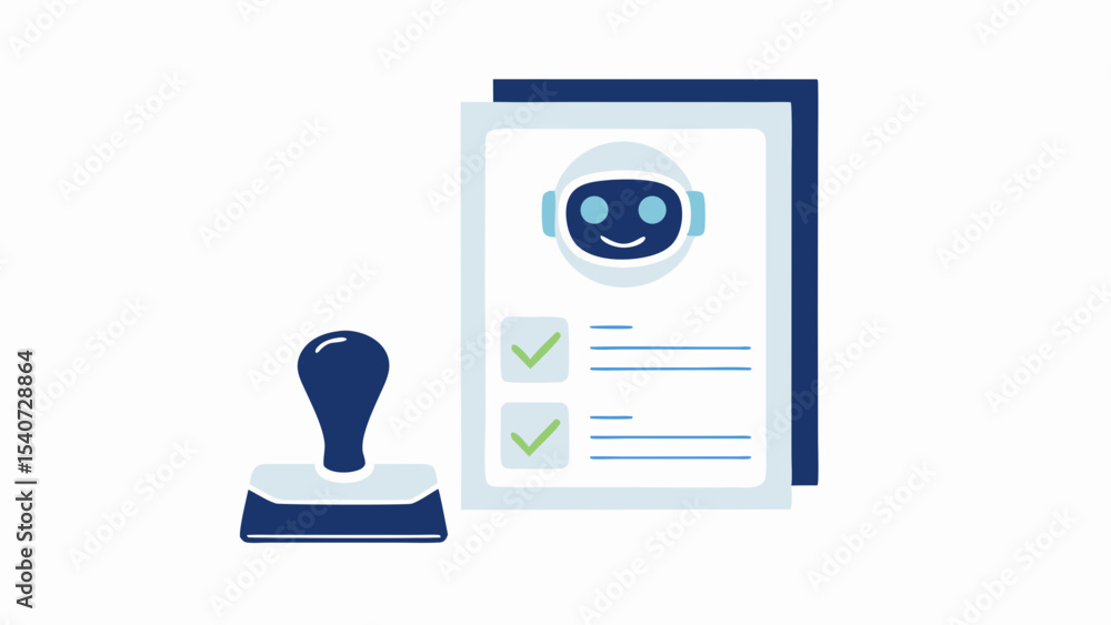 Aufkleber illustration of a stamp next to a document with a robot icon and check marks indicating approval pro
