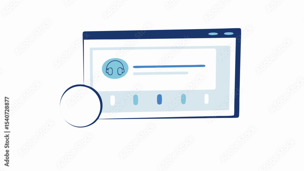 Poster illustration of a window with a headphone icon and a progress bar with a circle on the side