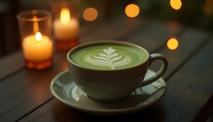 A serene evening scene featuring a steaming cup of matcha latte art, illuminated by soft candlelight.