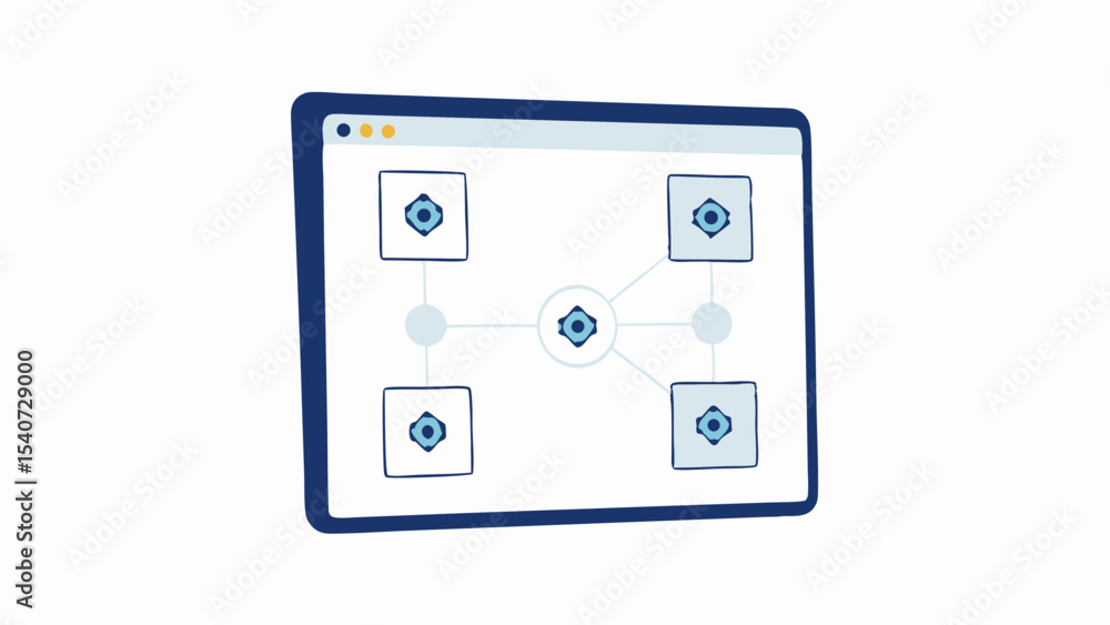 Poster illustration of a network diagram displayed on a tablet with connecting nodes and square icons insid