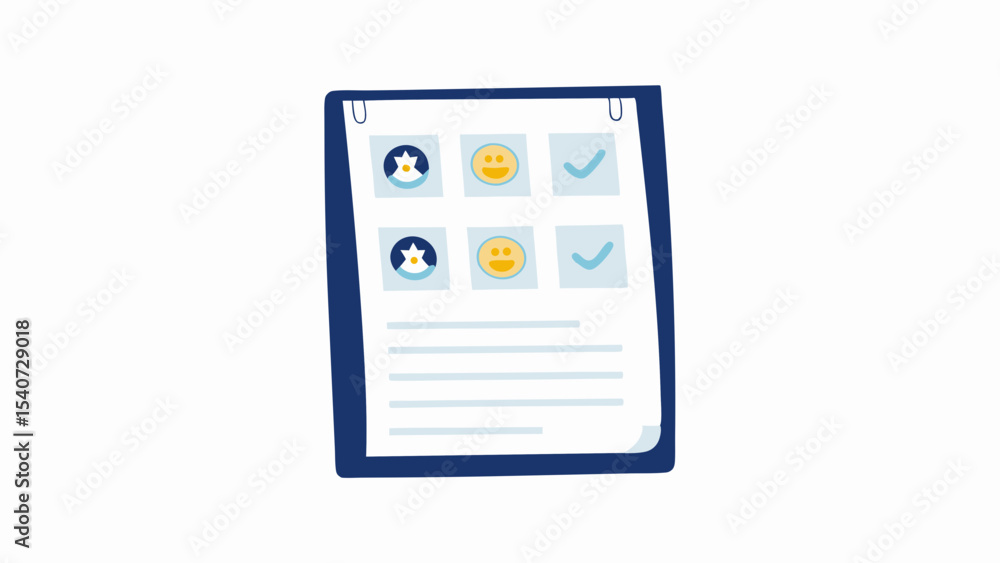 Poster clipboard with checklist including penguin smiley faces and checkmarks on a white background isolate