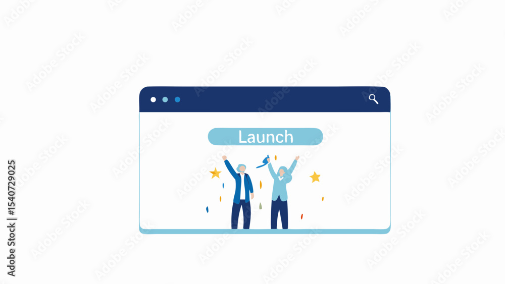 Aufkleber illustration of a website displaying a launch message with two people celebrating success with confe
