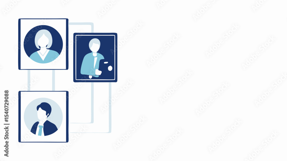Poster illustration of a network of three people in square frames connected by lines on a white background
