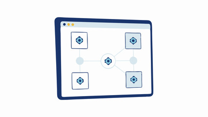 Illustration of a network diagram displayed on a tablet with connecting nodes and square icons inside