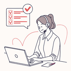 Young woman with headset works on a laptop with task completion confirmation