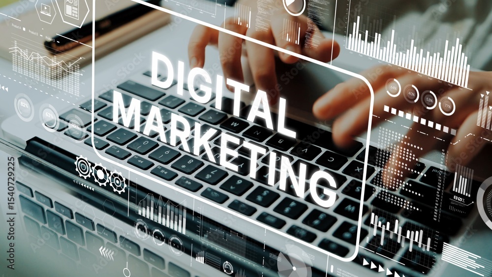 Poster focused hands typing on a laptop keyboard with digital marketing graphics overlay and analytics visu