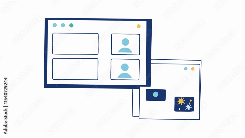 Poster illustration of two computer screens displaying video conference and presentation elements online me
