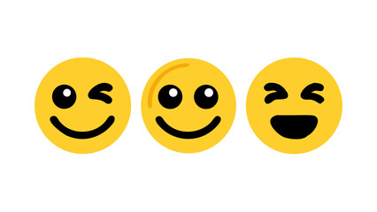 Smile or eye blink face emoji set in yellow and black color. Winking Face. Eye winking emoji, funny yellow emoticon with smile. Smile icon vector 10 eps