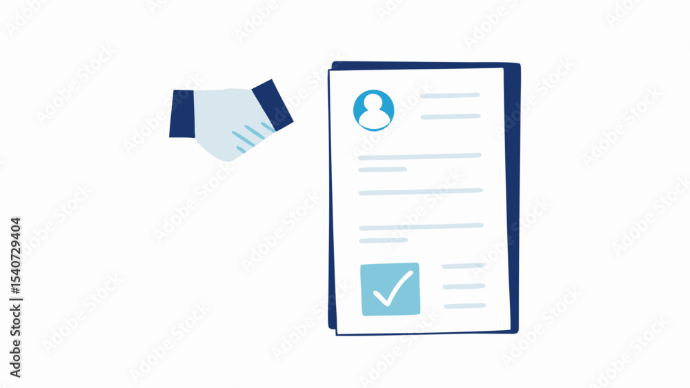 Poster handshake illustration next to a document with a profile icon and a check mark at the bottom right