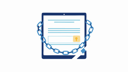 Fototapeta premium Blue tablet with document and padlock is secured by a chain wrapped around it for data protection and security