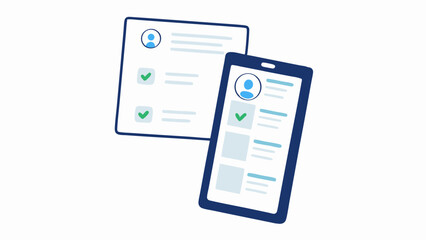 Illustration showing a tablet and a smartphone displaying user profiles with checkmarks and information