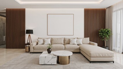 Couch in modern living room with artwork and coffee table
