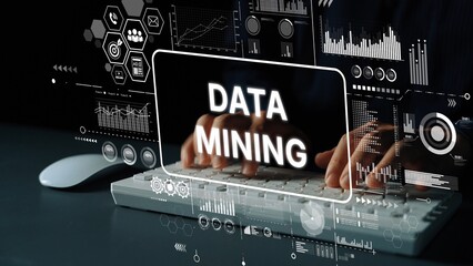Data Mining Concept with Hands Typing on Keyboard and Digital Graphics for Business Analytics and...