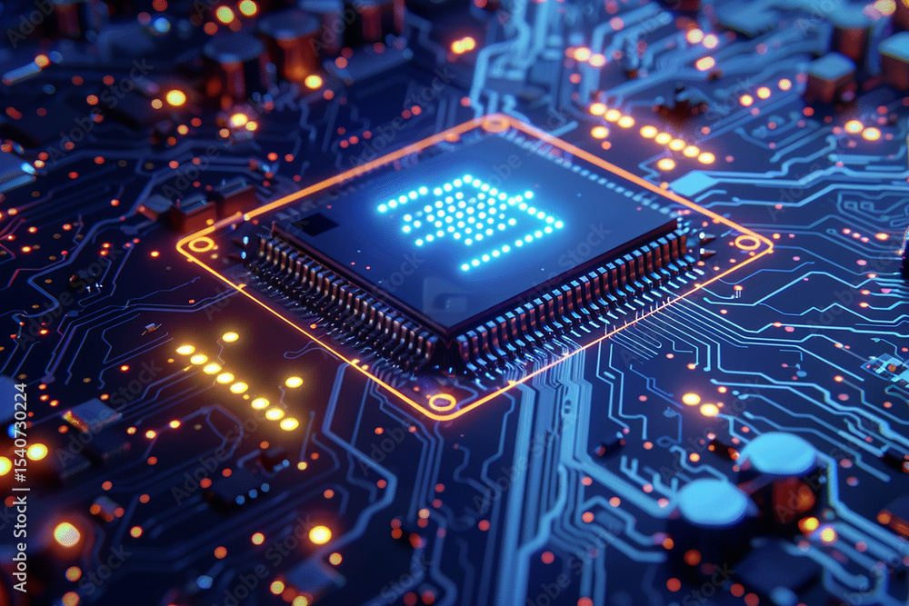 Poster illuminated microprocessor on a circuit board glowing with blue and orange light showcasing technolo