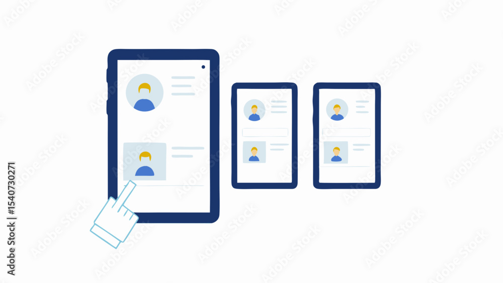Poster three tablets displaying profile screens with a hand touching the screen of the largest tablet devic