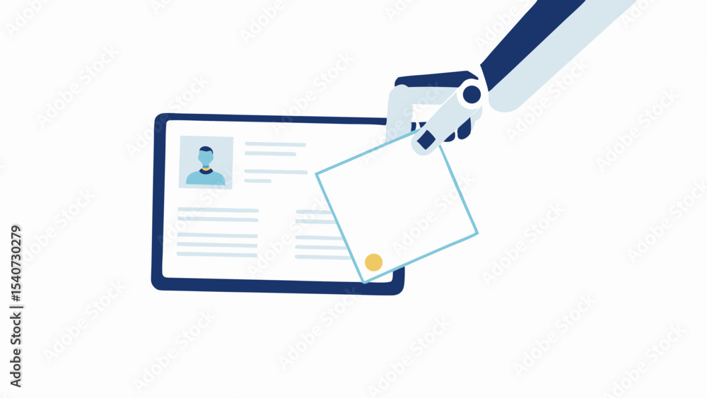 Poster robot arm holding a blank square card over a profile document on a dark blue tablet screen display