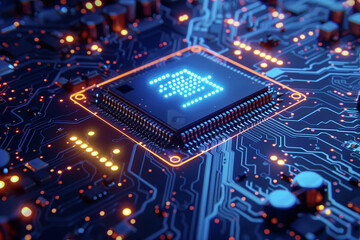 Obraz premium Illuminated microprocessor on a circuit board glowing with blue and orange light showcasing technological advancement