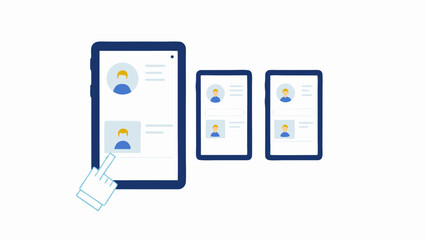 Three tablets displaying profile screens with a hand touching the screen of the largest tablet device
