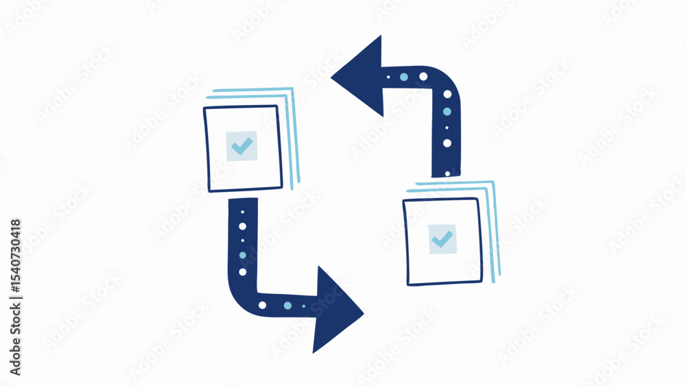 Poster circular flow diagram with check marks inside squares connected by dotted arrows in a looped arrange