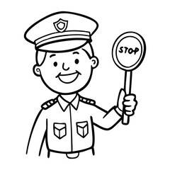 A black and white line art illustration of a cartoon police officer cheerfully directing traffic. 