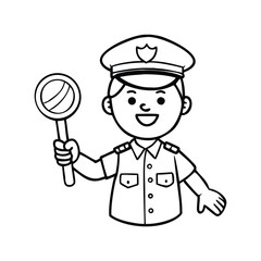 A black and white line art illustration of a cartoon police officer cheerfully directing traffic. 