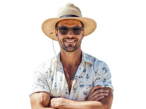 Portrait happy man with summer holiday beach outfits isolated on transparent background