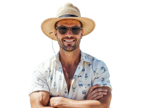 Portrait happy man with summer holiday beach outfits isolated on transparent background