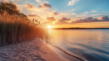 sandy beach at sunset with reeds and calm water