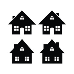A black and white vector illustration of four distinct house silhouettes.