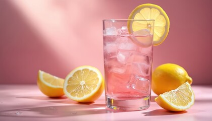 Refreshing pink lemonade with ice cubes and lemon slice in transparent glass. Summer drink concept, cocktail with lemon juice. Pink color, shadow on background. Food photography.