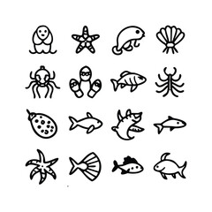 simple line art icons depicting various sea creatures and objects.