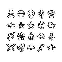 Fototapeta premium simple line art icons depicting various sea creatures and objects.