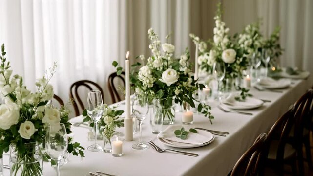 Elegant dining setup with white flowers and candles on a long table Side angle captures the serene ambiance, perfect for a wedding video