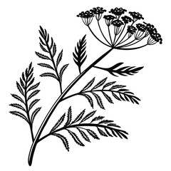 Black silhouette features a detailed flowering plant with layered leaves and small clustered florets