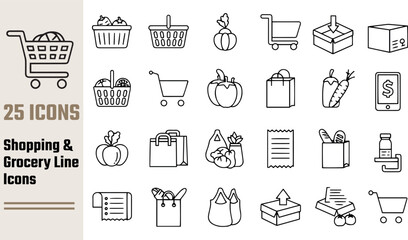Twenty five shopping and grocery line icons isolated on white background
