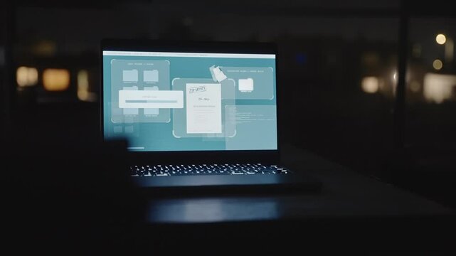 Remote access of government server copying sensitive information into folder. Laptop computer at night on desk with spyware or system being hacked from far away. Stealing or backing up secret files