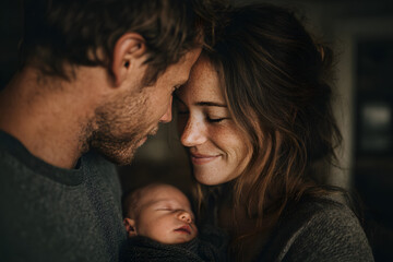 A tender moment captures a couple cherishing their newborn baby boy in a warm, rustic kitchen setting.