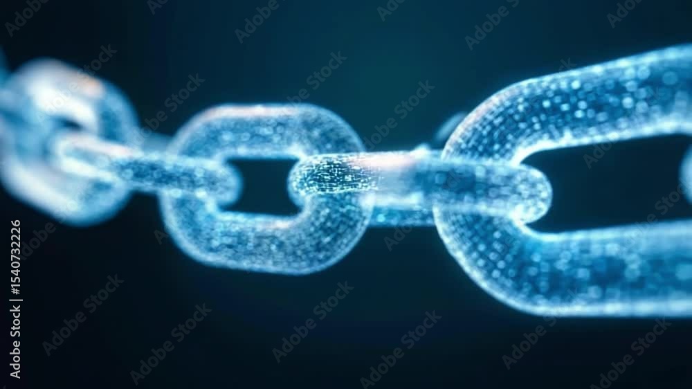 Poster Cybernetic Chain of Progress: A close-up view of a digital chain made of glowing particles, symbolizes connection, innovation, and the interconnected nature of progress.