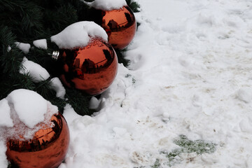 Fir branch with balls and festive lights.