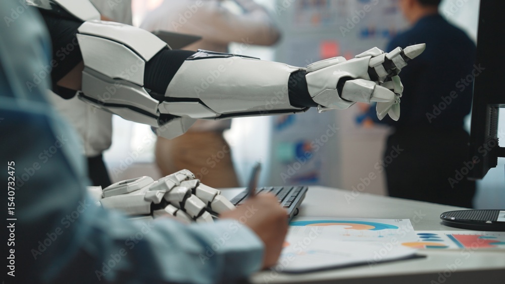 Poster robotic arm assisting human worker in office environment with data visualizations and digital charts