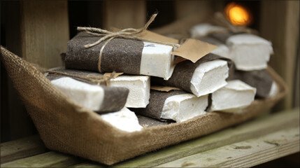 Flat-lay and lifestyle images of biodegradable packaging, paper bags, reusable containers, and organic product branding.