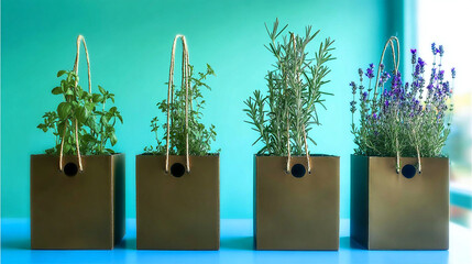 Flat-lay and lifestyle images of biodegradable packaging, paper bags, reusable containers, and organic product branding.