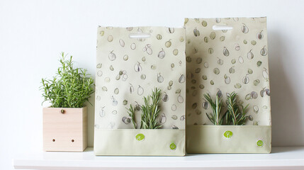 Flat-lay and lifestyle images of biodegradable packaging, paper bags, reusable containers, and organic product branding.