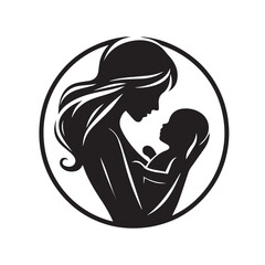 Silhouette of Mom Hugging Infant | Clean Black and White Motherhood Design