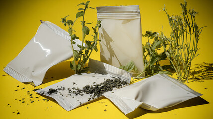 Flat-lay and lifestyle images of biodegradable packaging, paper bags, reusable containers, and organic product branding.