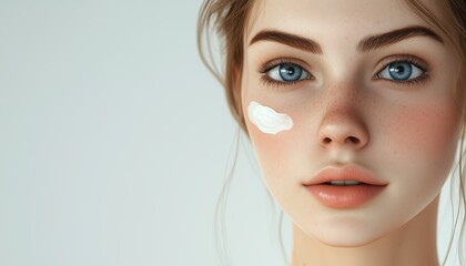 Fototapeta premium Stunning Caucasian Woman Receives Cream Facial For Perfect Health And Clean Skin - Closeup Portrait Of Attractive Girl With Blue Eyes