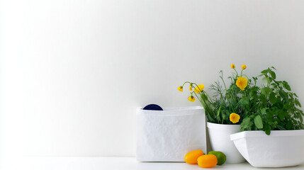 Flat-lay and lifestyle images of biodegradable packaging, paper bags, reusable containers, and organic product branding.